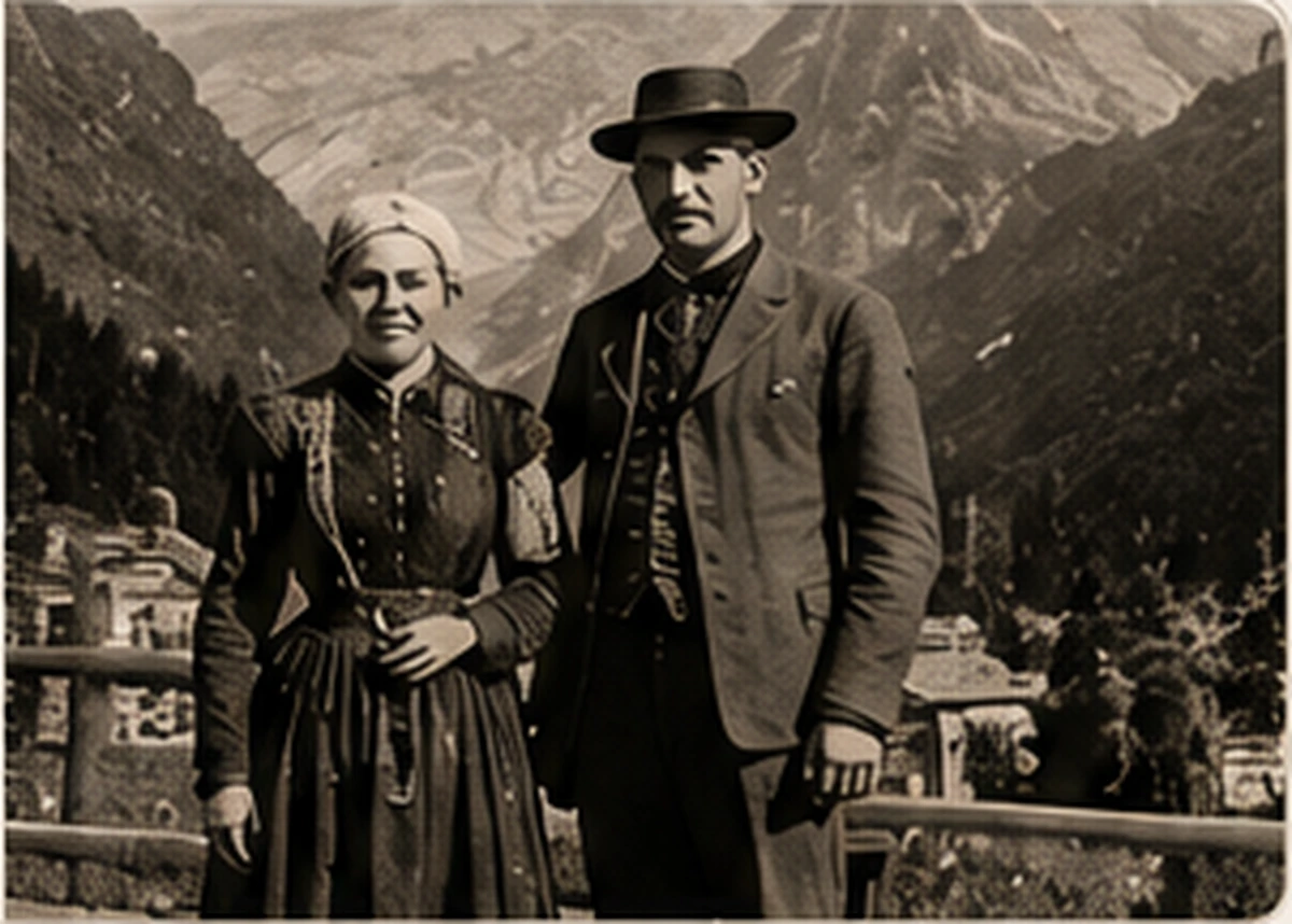 Couple en costume traditionnel savoyard dans un village de montagne